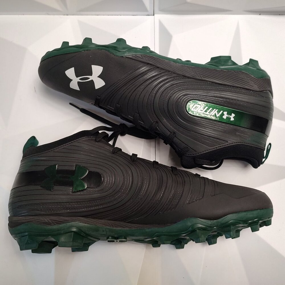 Under Armour Mens Football Cleat 16 Black Green Shoe Lacrosse Nitro Mid MC